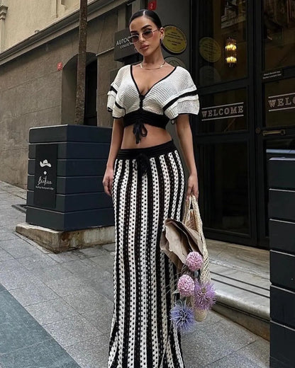 Summer Women Clothing Sexy V Neck Hollow Out Cutout Striped Knitted Women Skirt Set MSTYLE