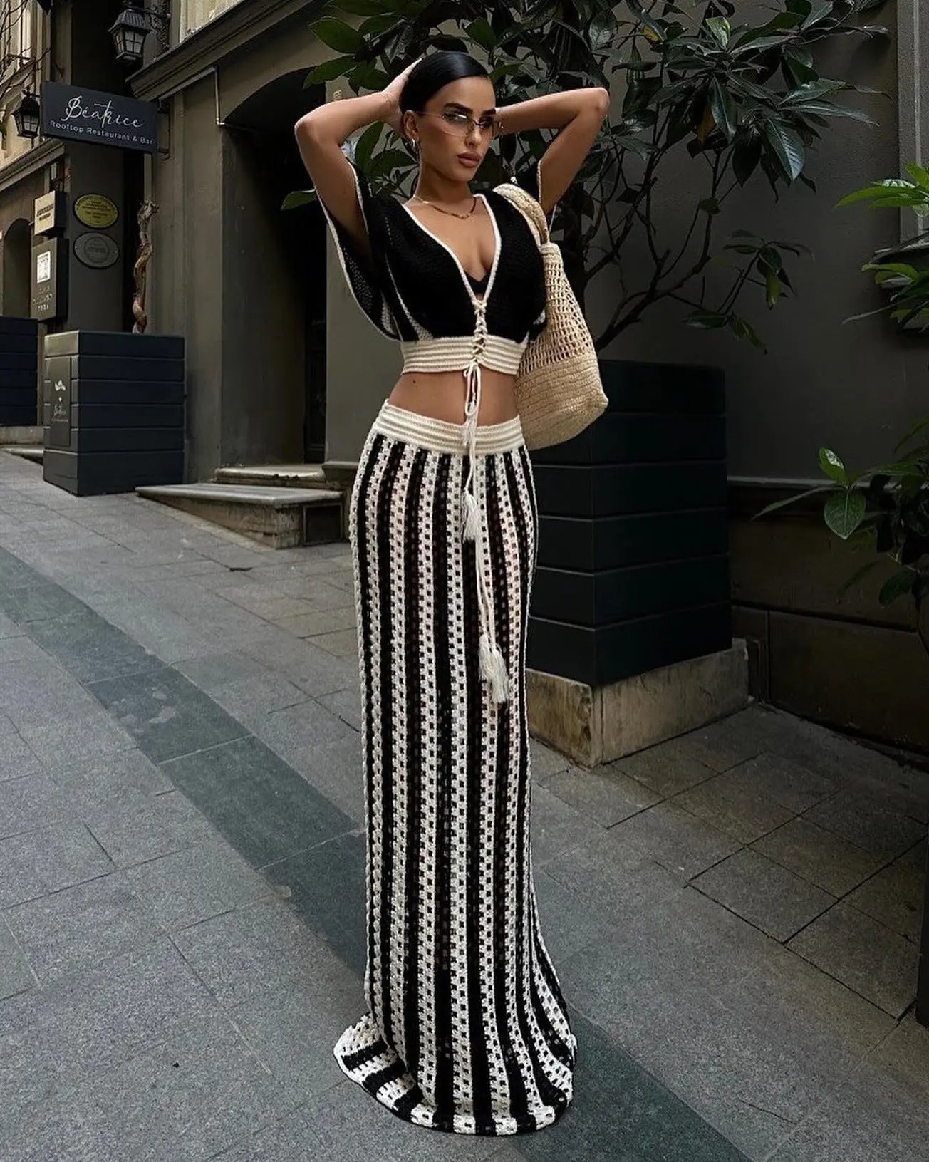 Summer Women Clothing Sexy V Neck Hollow Out Cutout Striped Knitted Women Skirt Set MSTYLE