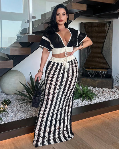 Summer Women Clothing Sexy V Neck Hollow Out Cutout Striped Knitted Women Skirt Set MSTYLE