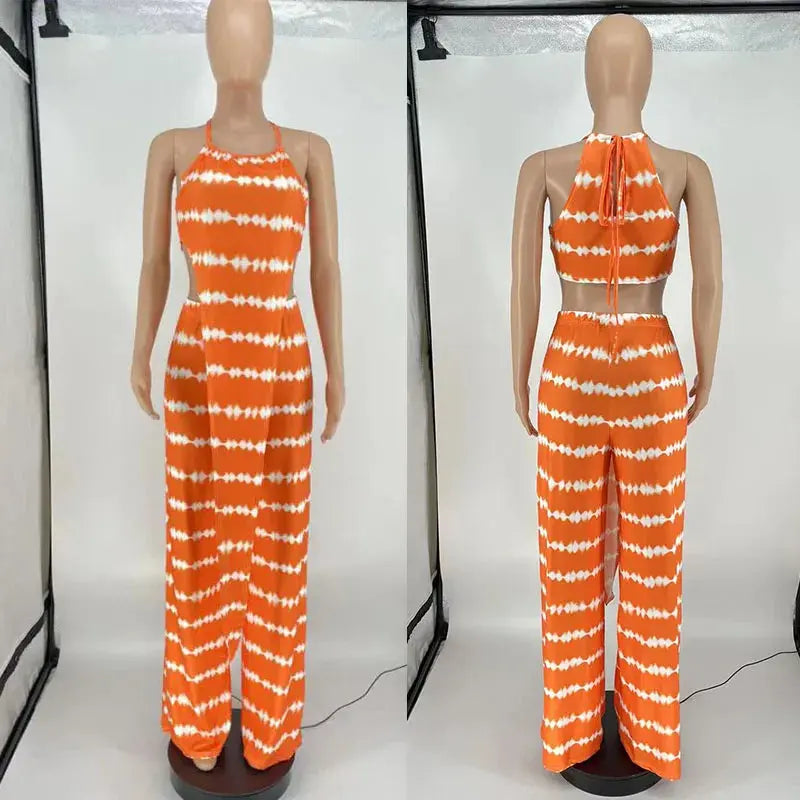 Summer Women Two Piece Set Elegant Print Holiday Beach Outfits Top + Loose Wide Leg Pants Suits Matching Sets Sexy Club Outfits FZwear