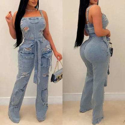 Summer women Sexy Ripped Fringe Wrapped Chest Denim Jumpsuit Lady Casual  Sleeveless Bodycon Straight-leg pants Jeans Rompers FZwear