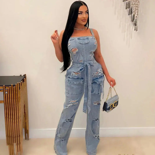 Summer women Sexy Ripped Fringe Wrapped Chest Denim Jumpsuit Lady Casual  Sleeveless Bodycon Straight-leg pants Jeans Rompers FZwear