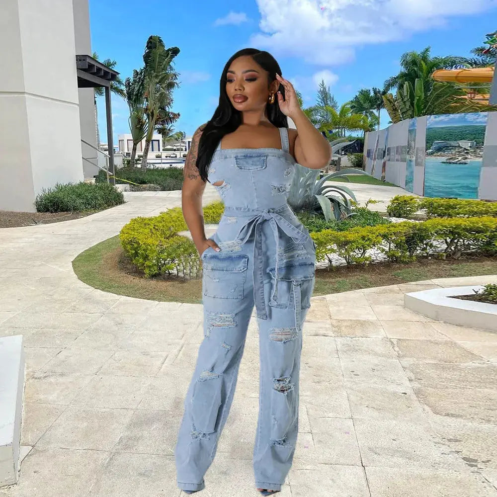 Summer women Sexy Ripped Fringe Wrapped Chest Denim Jumpsuit Lady Casual  Sleeveless Bodycon Straight-leg pants Jeans Rompers FZwear