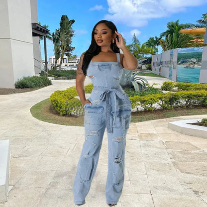 Summer women Sexy Ripped Fringe Wrapped Chest Denim Jumpsuit Lady Casual  Sleeveless Bodycon Straight-leg pants Jeans Rompers FZwear