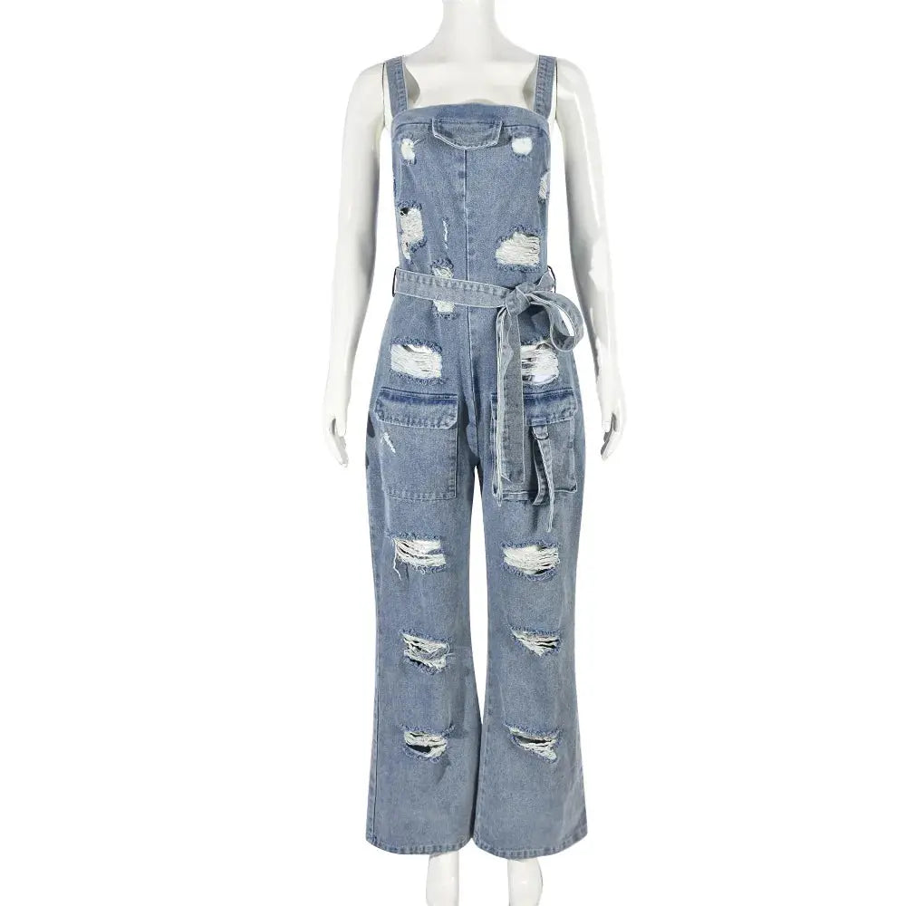 FZ Women's Sexy Ripped Fringe Wrapped Chest Denim Jumpsuit