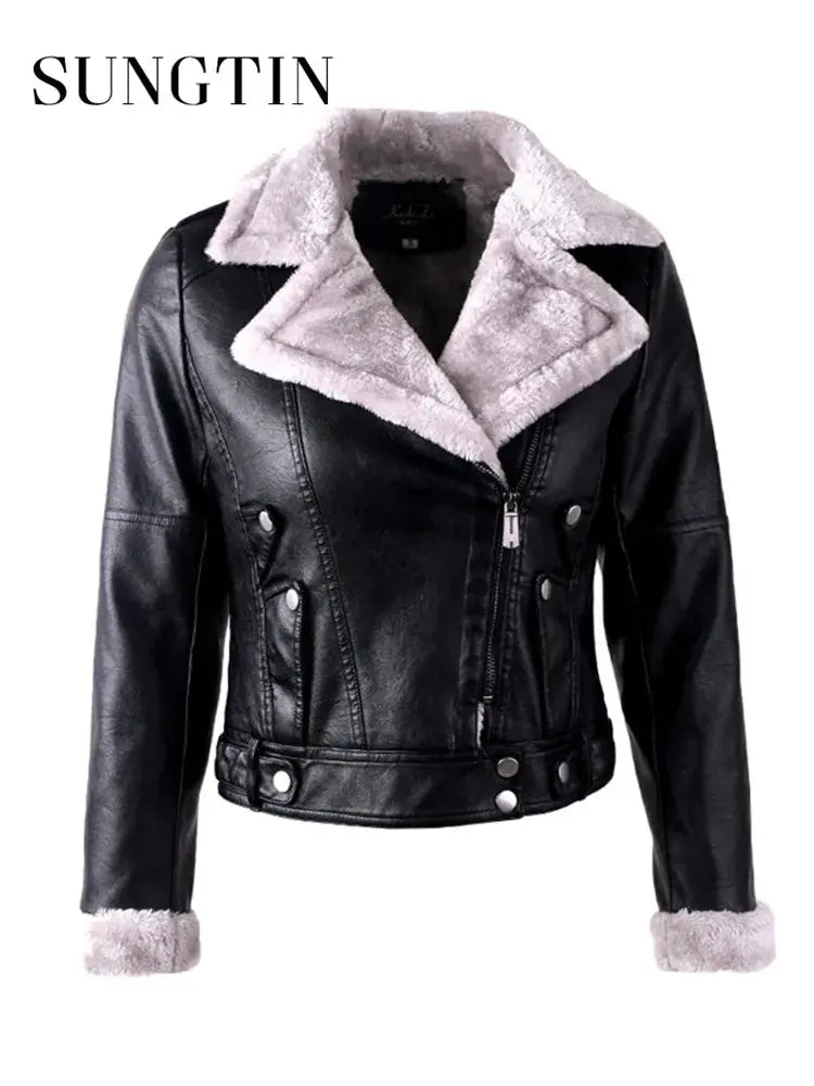 Sungtin New Design Womens Leather Jacket Faux Fur Moto Coat Fashion Streetwear Autumn Winter Basic Jacket Female Outerwear FZwear