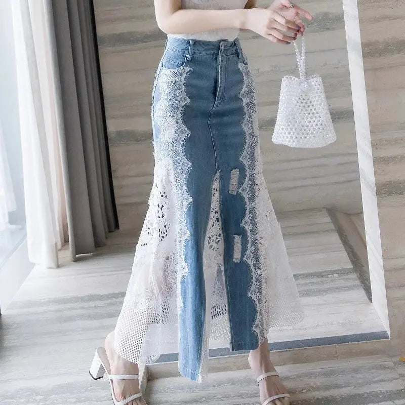 TIYIHAILEY Long Maxi Denim And Lace Fish Tail Skirt For Women S-2XL Mermaid Style High Waist Summer 2024 Fashion FZwear