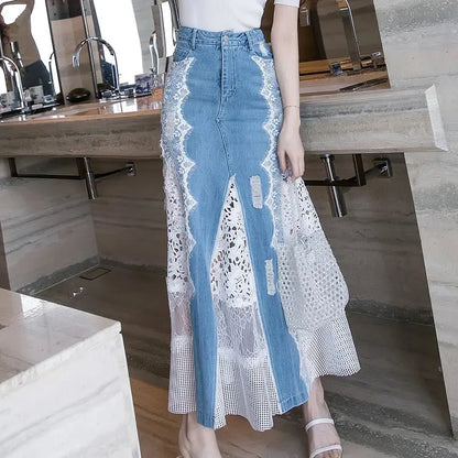 TIYIHAILEY Long Maxi Denim And Lace Fish Tail Skirt For Women S-2XL Mermaid Style High Waist Summer 2024 Fashion FZwear