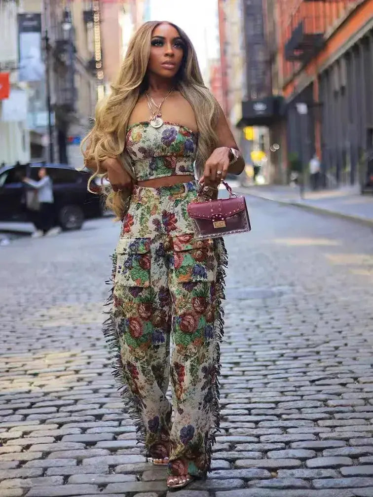 FZ Women's  Sexy Lace Up Strapless Cargo Straight Leg Two Piece Pants Suit