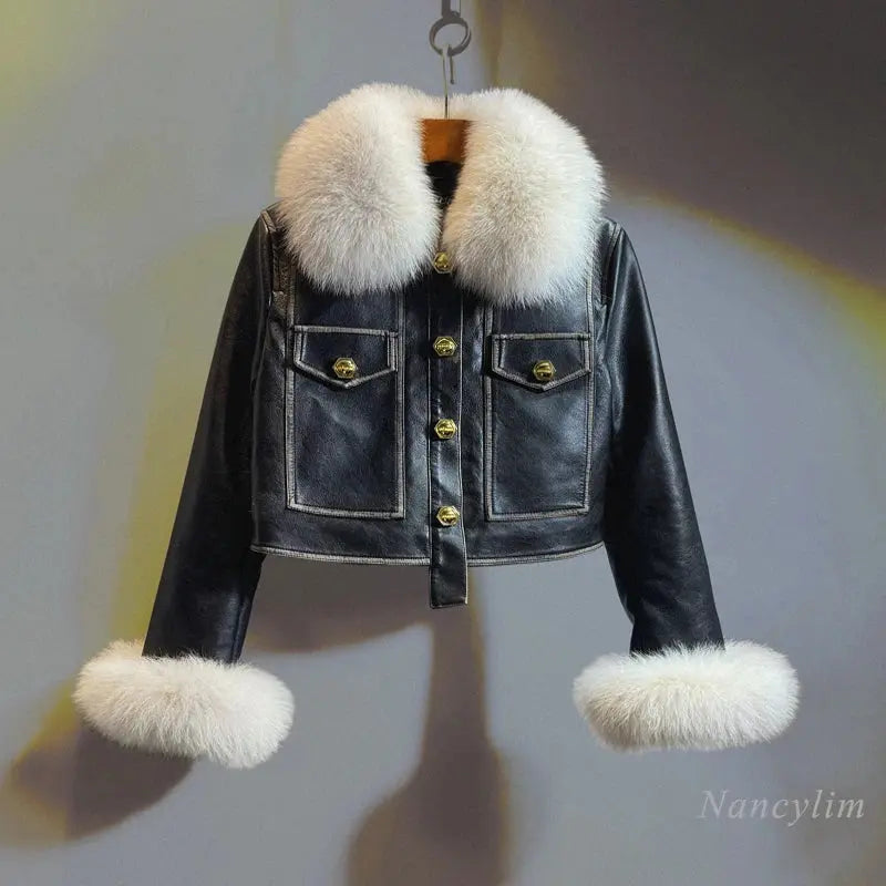 Temperament Black Leather Jacket Women 2023 Winter Real Fox Fur Down Liner Short High Waist PU Leather Coat Slim-Fitting Coats FZwear