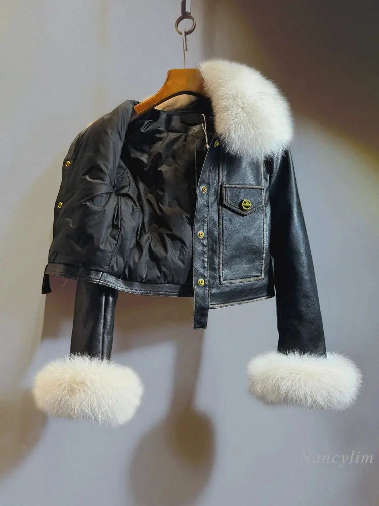 Temperament Black Leather Jacket Women 2023 Winter Real Fox Fur Down Liner Short High Waist PU Leather Coat Slim-Fitting Coats FZwear