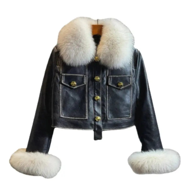 Temperament Black Leather Jacket Women 2023 Winter Real Fox Fur Down Liner Short High Waist PU Leather Coat Slim-Fitting Coats FZwear