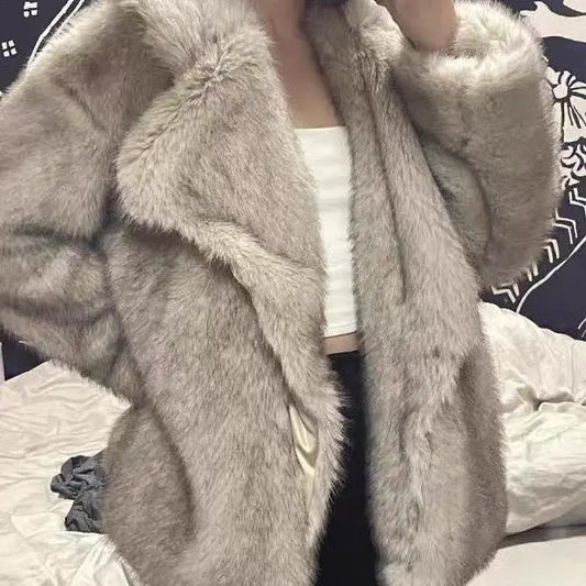 Toka Faux Fox Fur Fur Coat Women Mid Length Elegant Collared Loose Internet Plush Coat Sunrise