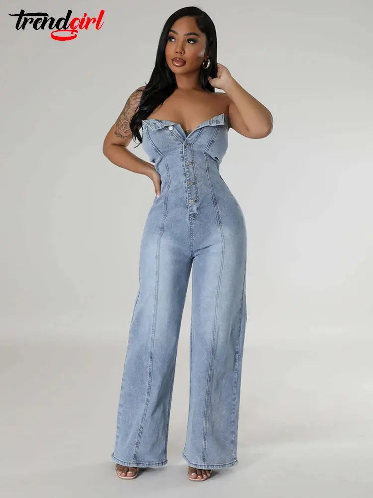 Trendgirl Off Shoulder Tube Top Backless Denim Jumpsuits Women Blue Single Breasted Wide Leg One Pieces Romper Jean Overalls FZwear