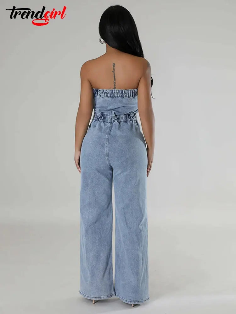 Trendgirl Off Shoulder Tube Top Backless Denim Jumpsuits Women Blue Single Breasted Wide Leg One Pieces Romper Jean Overalls FZwear