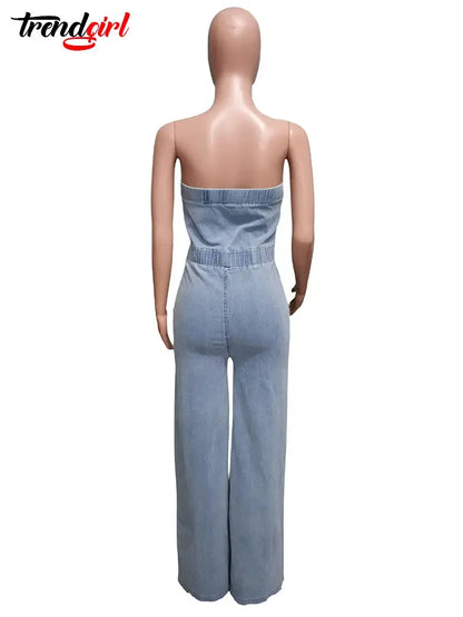 Trendgirl Off Shoulder Tube Top Backless Denim Jumpsuits Women Blue Single Breasted Wide Leg One Pieces Romper Jean Overalls FZwear