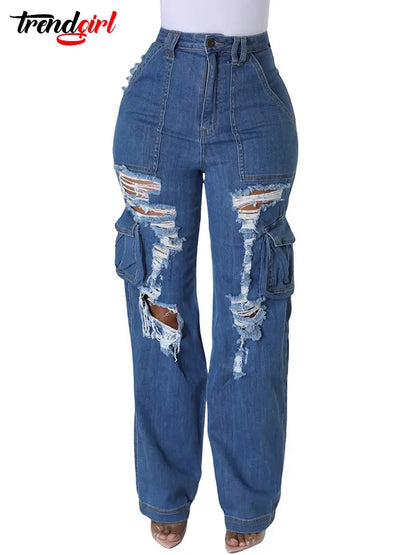 FZ Women's Ripped Hole Pocket Wide Leg Pants Vintage Denim Pants