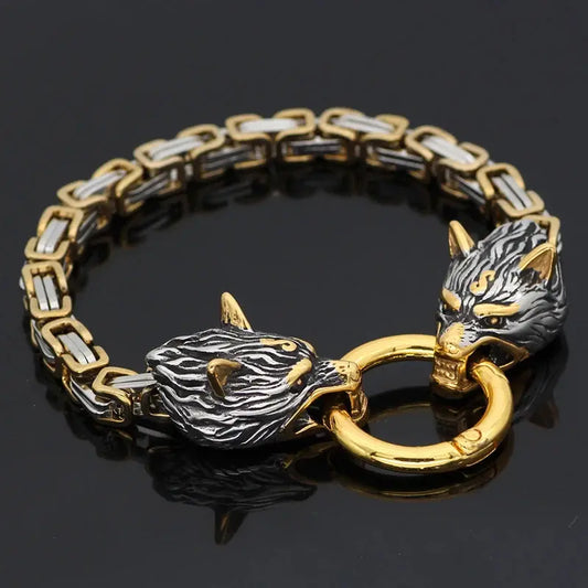 Viking Wolf Head Thick Chain Bracelet Men's Biker Punk Hip Hop Stainless Steel Mixed Gold Color Wristband Jewelry Gift FZwear