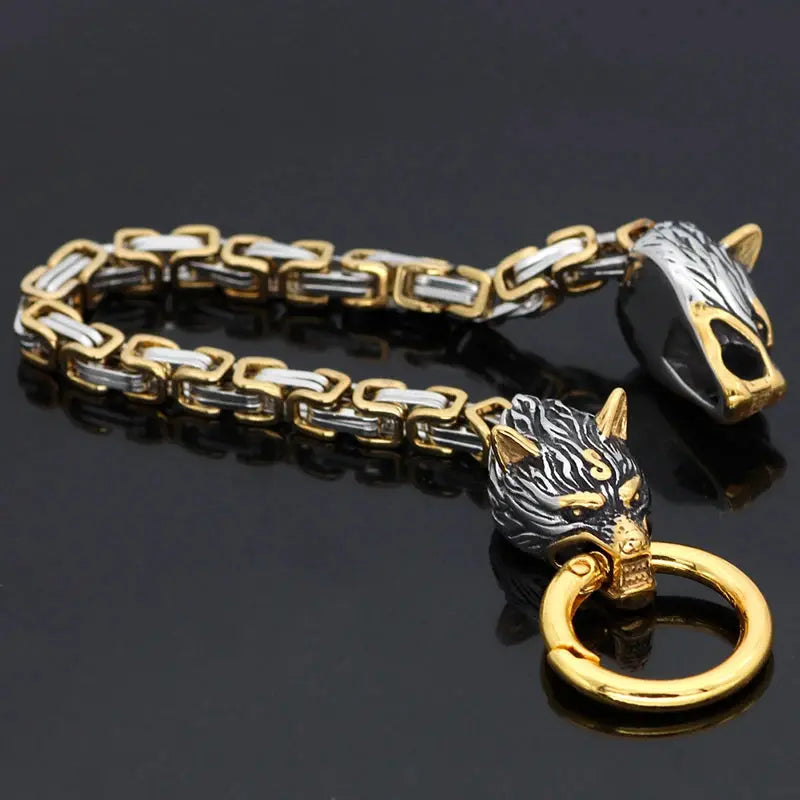 Viking Wolf Head Thick Chain Bracelet Men's Biker Punk Hip Hop Stainless Steel Mixed Gold Color Wristband Jewelry Gift FZwear