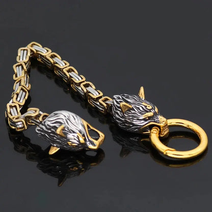 Viking Wolf Head Thick Chain Bracelet Men's Biker Punk Hip Hop Stainless Steel Mixed Gold Color Wristband Jewelry Gift FZwear