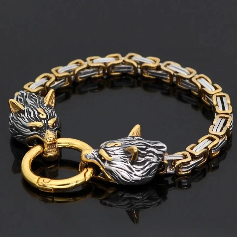 Viking Wolf Head Thick Chain Bracelet Men's Biker Punk Hip Hop Stainless Steel Mixed Gold Color Wristband Jewelry Gift FZwear