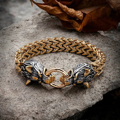 Vikings Celtic Wolf Bracelets Men Stainless Steel Mesh Chain Bangle Punk Norse Wolf Head Amulet Scandinavian Jewelry Male Gifts FZwear