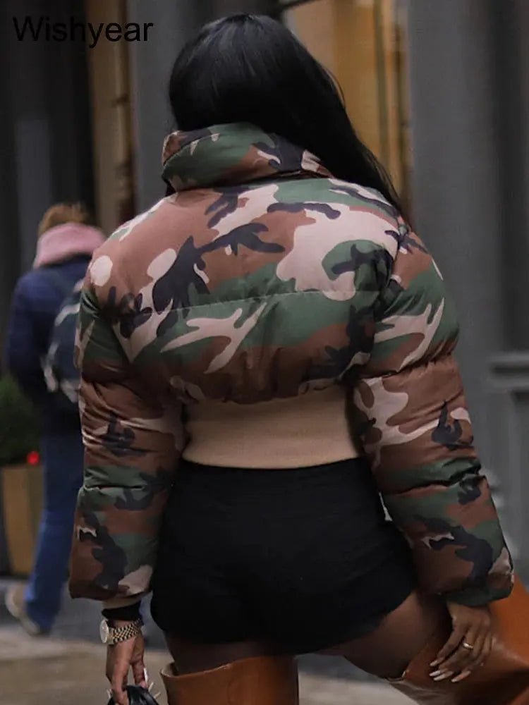 Vintage Women Camouflage Zipper Puffer Jacket Long Sleeve Stand Collar Winter Camo Bubble Cotton Coats Boyfriend Crop Parkas New FZwear