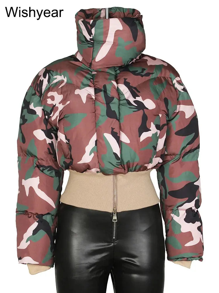 Vintage Women Camouflage Zipper Puffer Jacket Long Sleeve Stand Collar Winter Camo Bubble Cotton Coats Boyfriend Crop Parkas New FZwear