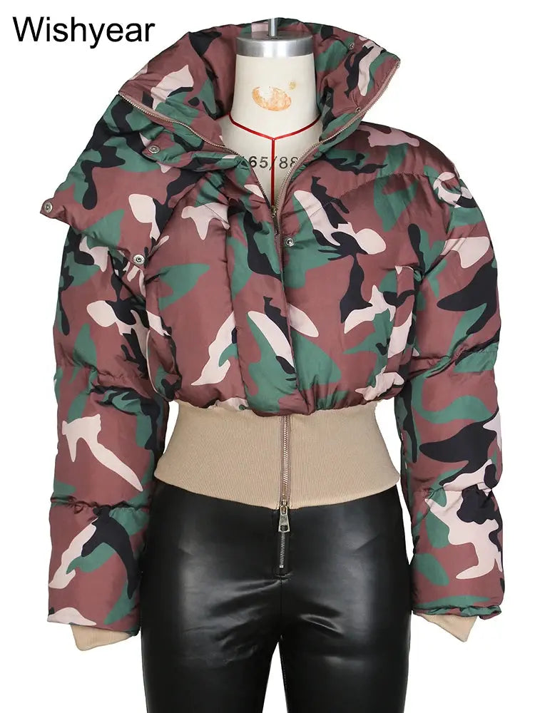 Vintage Women Camouflage Zipper Puffer Jacket Long Sleeve Stand Collar Winter Camo Bubble Cotton Coats Boyfriend Crop Parkas New FZwear