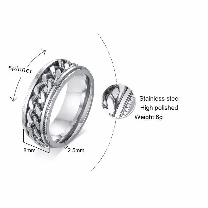 Vnox 8mm Spinner Chain Unique Mens Womens Ring Textured Edge Stainless Steel Rotatable Links Casual Male Alliance Punk Anel FZwear