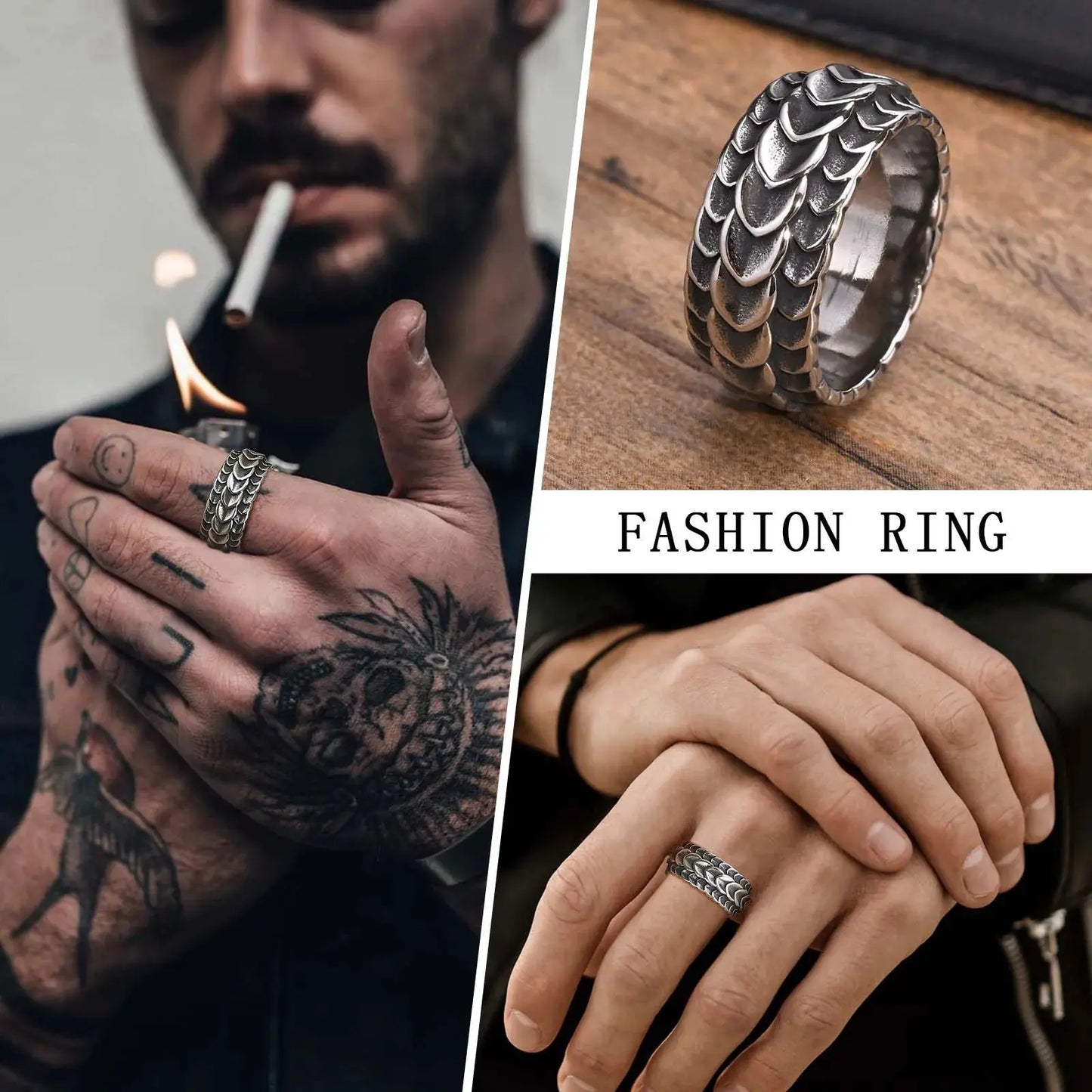 Vnox Rock Punk Viking Dragon Carved Surface Rings for Men Jewelry,Vintage Silver Color Stainless Steel Male Finger Bands FZwear