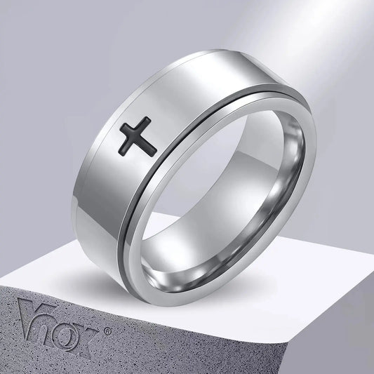 Vnox Spinner Cross Ring for Men, Black Stainless Steel Rotatable Stress Release Finger Band, Boy Christ Jesus Religion Ring FZwear