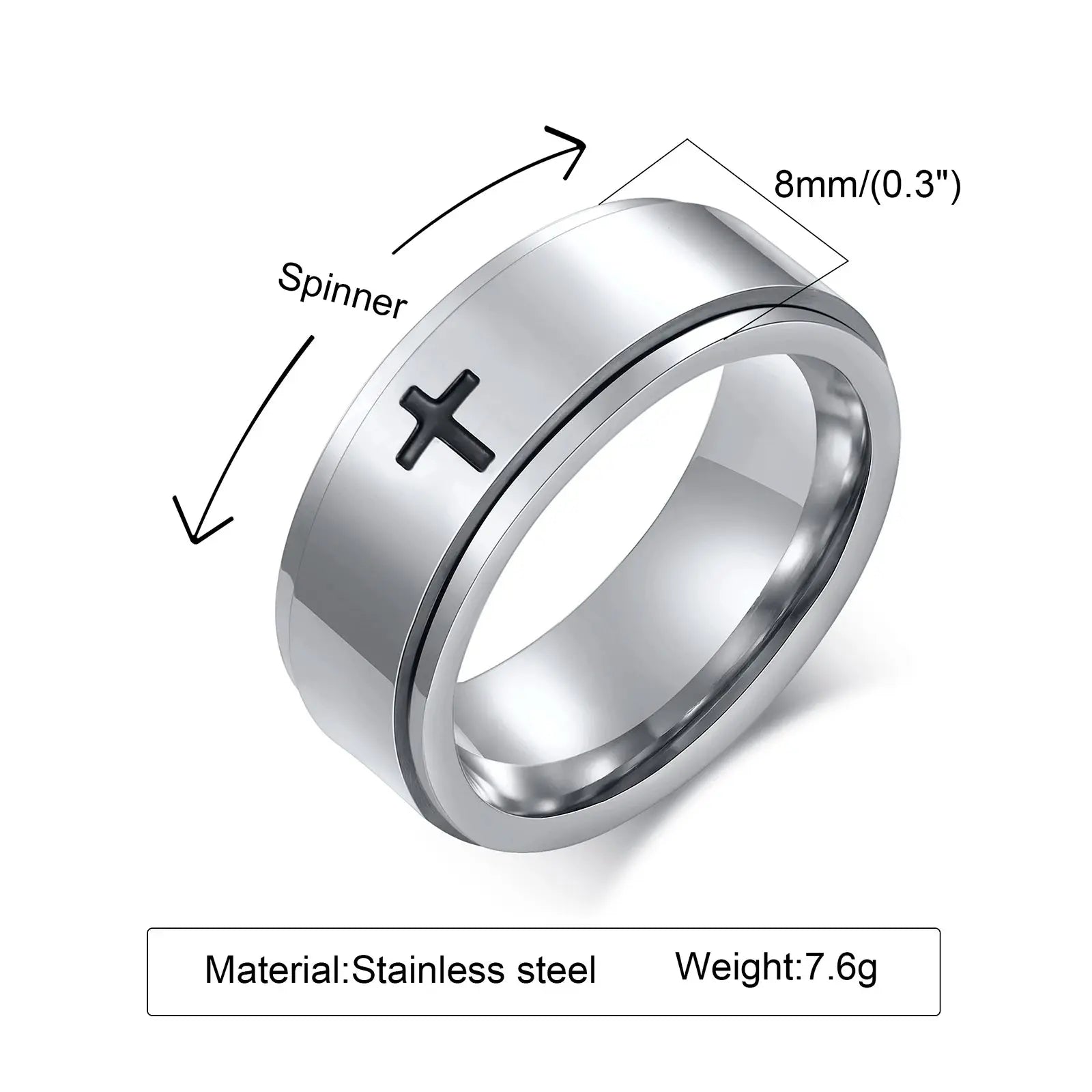 Vnox Spinner Cross Ring for Men, Black Stainless Steel Rotatable Stress Release Finger Band, Boy Christ Jesus Religion Ring FZwear