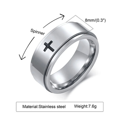 Vnox Spinner Cross Ring for Men, Black Stainless Steel Rotatable Stress Release Finger Band, Boy Christ Jesus Religion Ring FZwear