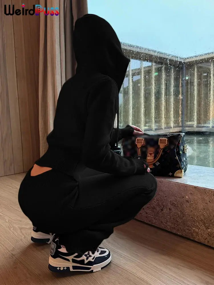 Weird Puss Casual Sporty 2 Piece Set Women Tracksuit Knit Hooded Zip Jacket+Straight Pants Sporty Stretch Matching Streetwear FZwear
