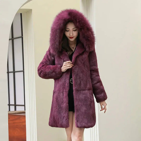 Winter Natural Fur Full Pelt Rabbit Fur Coat with Fox Fur Hooded Collar Women Fox Fur Jacket Free shipping Customize Big Size FZwear