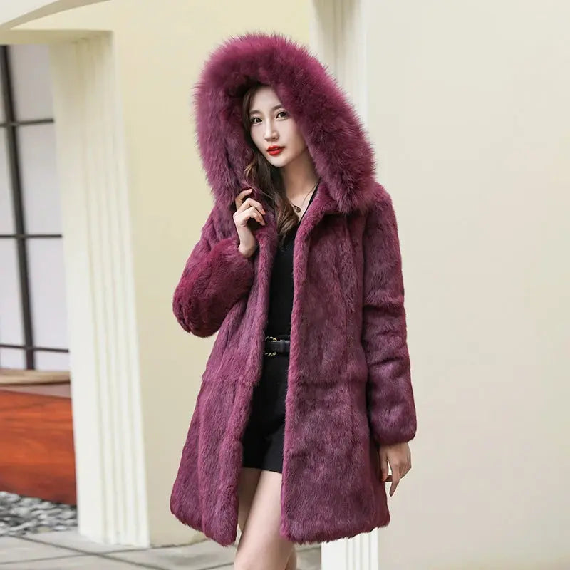 Winter Natural Fur Full Pelt Rabbit Fur Coat with Fox Fur Hooded Collar Women Fox Fur Jacket Free shipping Customize Big Size FZwear