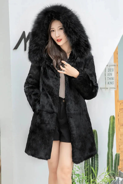 Winter Natural Fur Full Pelt Rabbit Fur Coat with Fox Fur Hooded Collar Women Fox Fur Jacket Free shipping Customize Big Size FZwear