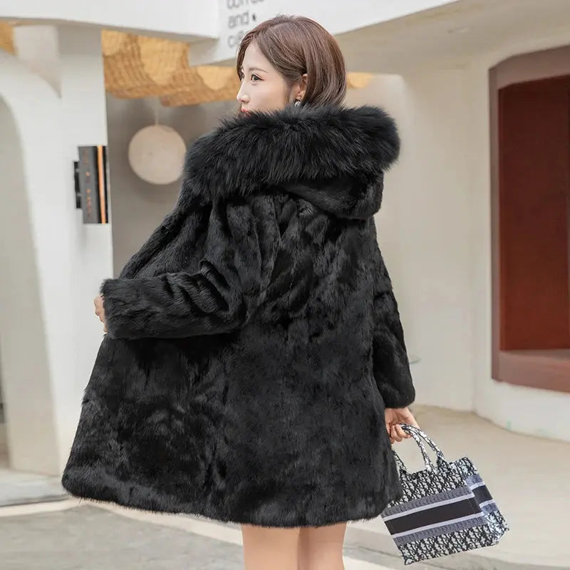 Winter Natural Fur Full Pelt Rabbit Fur Coat with Fox Fur Hooded Collar Women Fox Fur Jacket Free shipping Customize Big Size FZwear