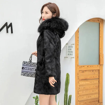 Winter Natural Fur Full Pelt Rabbit Fur Coat with Fox Fur Hooded Collar Women Fox Fur Jacket Free shipping Customize Big Size FZwear