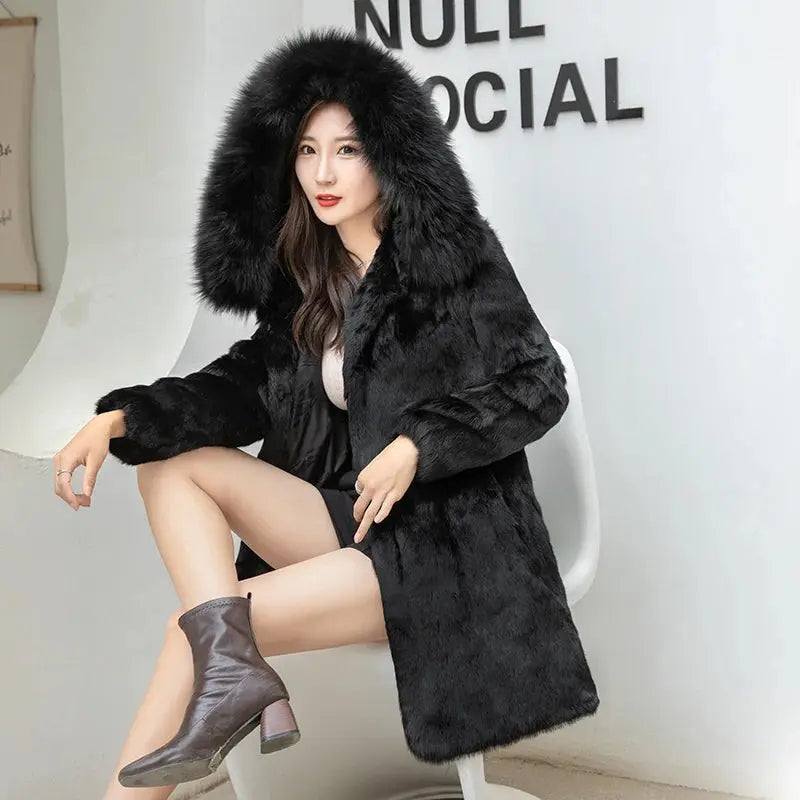 Winter Natural Fur Full Pelt Rabbit Fur Coat with Fox Fur Hooded Collar Women Fox Fur Jacket Free shipping Customize Big Size FZwear