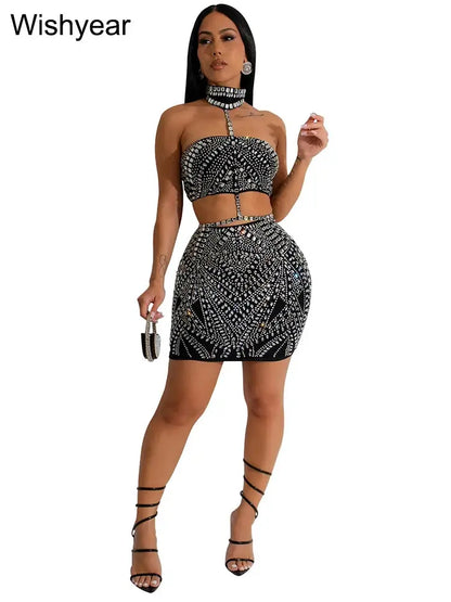 FZ Women's Sexy Halter Backless Rhinestone Two 2 Piece Mini Skirt Suit