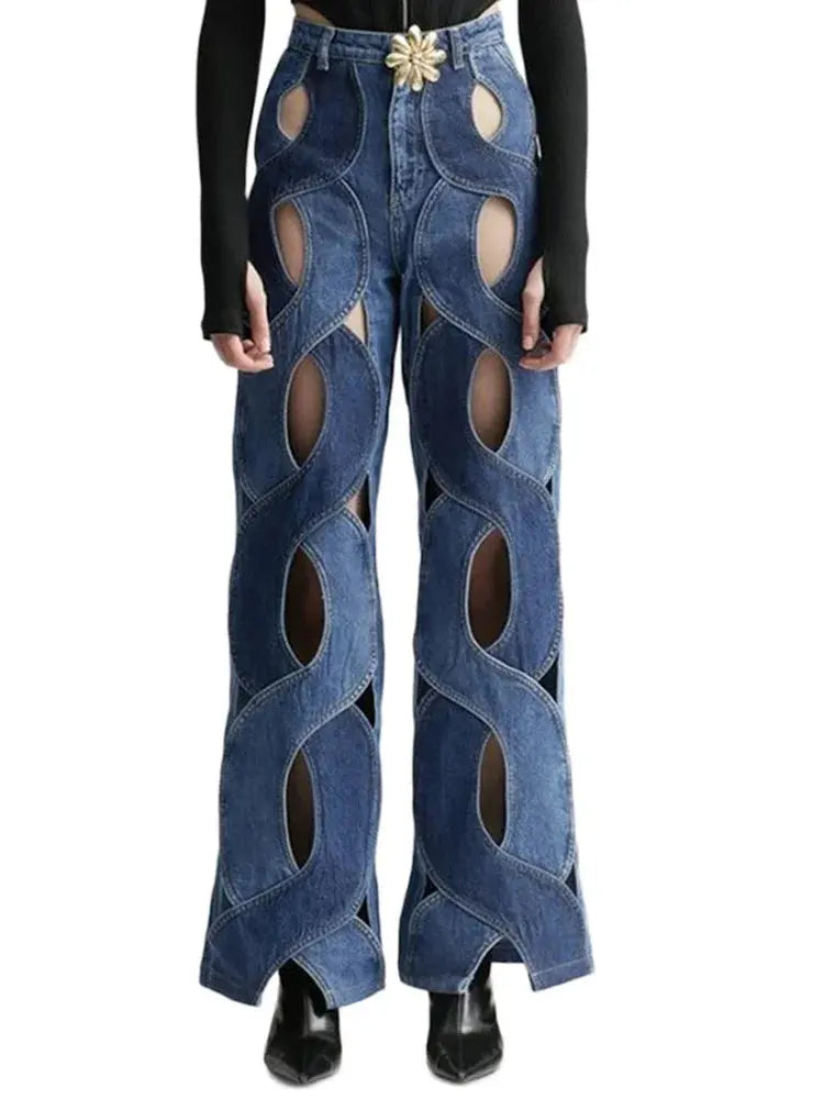 FZ Women's Sexy Hollow Out High Waist Patchwork Wide Leg Denim Pants - FZwear