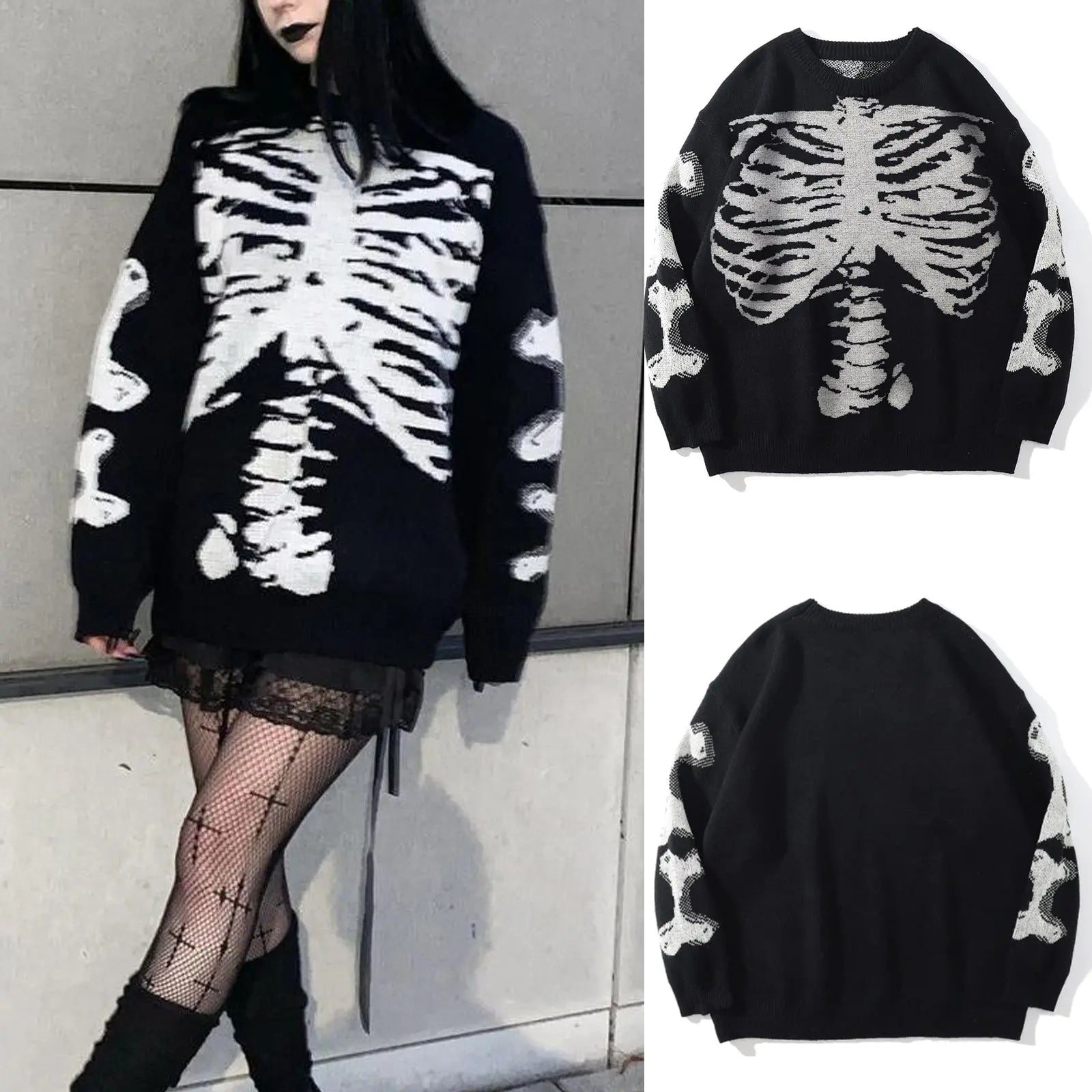 Women Clothing Long Sleeve Woolen Spring Autumn Halloween Skull Print Casual Pullover Sweater Eedele