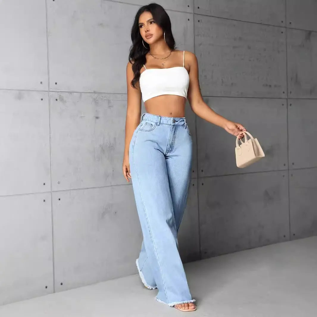 Women Clothing Mop High Waist Straight Wide Leg Jeans Trousers FentyWild