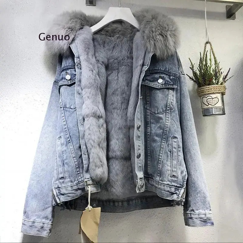 Women Denim Jacket Oversized Loose Fur Collar Plus Velvet Jean Parkas Women Winter Clothes Vintage Cotton Thick Warm Denim Coat FZwear