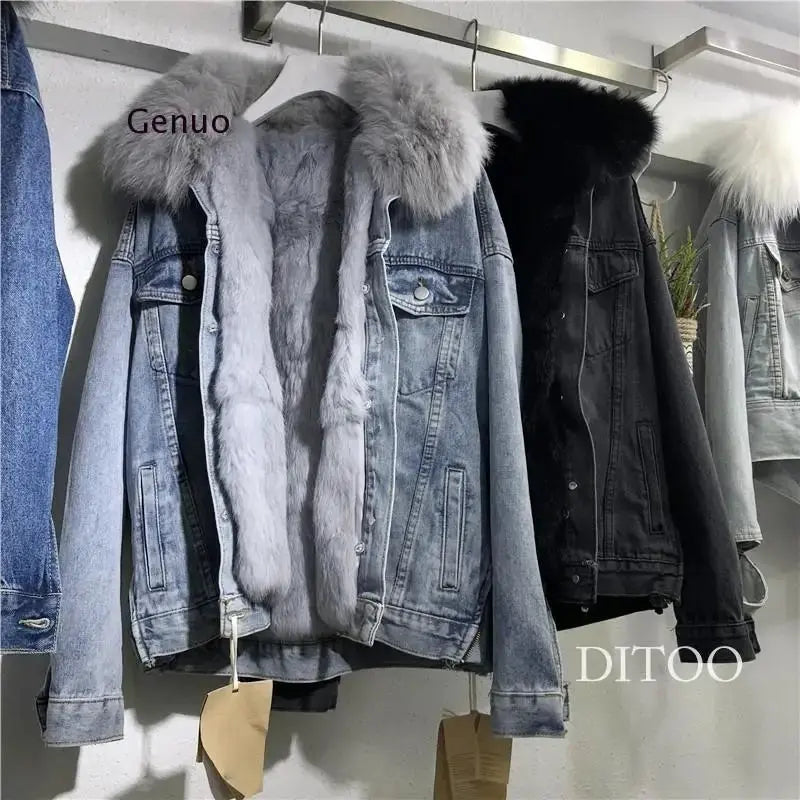 Women Denim Jacket Oversized Loose Fur Collar Plus Velvet Jean Parkas Women Winter Clothes Vintage Cotton Thick Warm Denim Coat FZwear