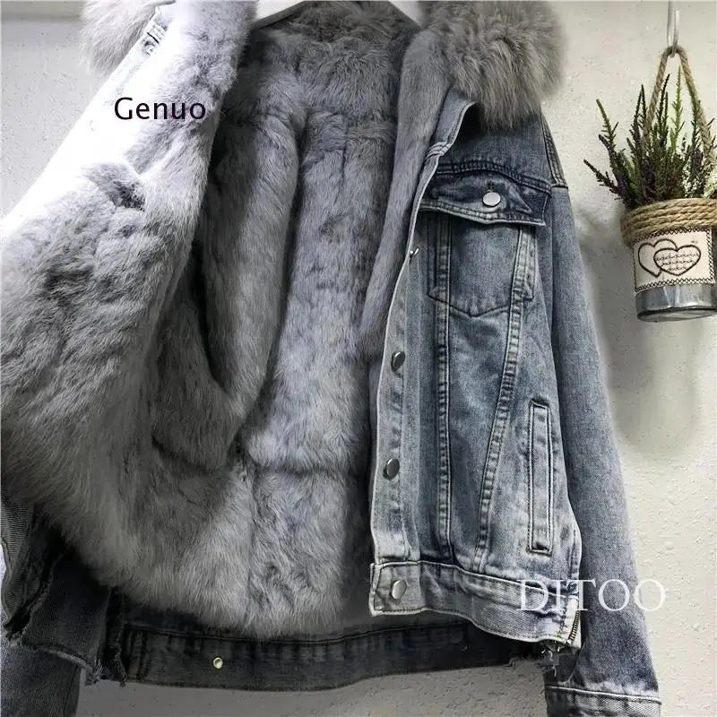 Women Denim Jacket Oversized Loose Fur Collar Plus Velvet Jean Parkas Women Winter Clothes Vintage Cotton Thick Warm Denim Coat FZwear