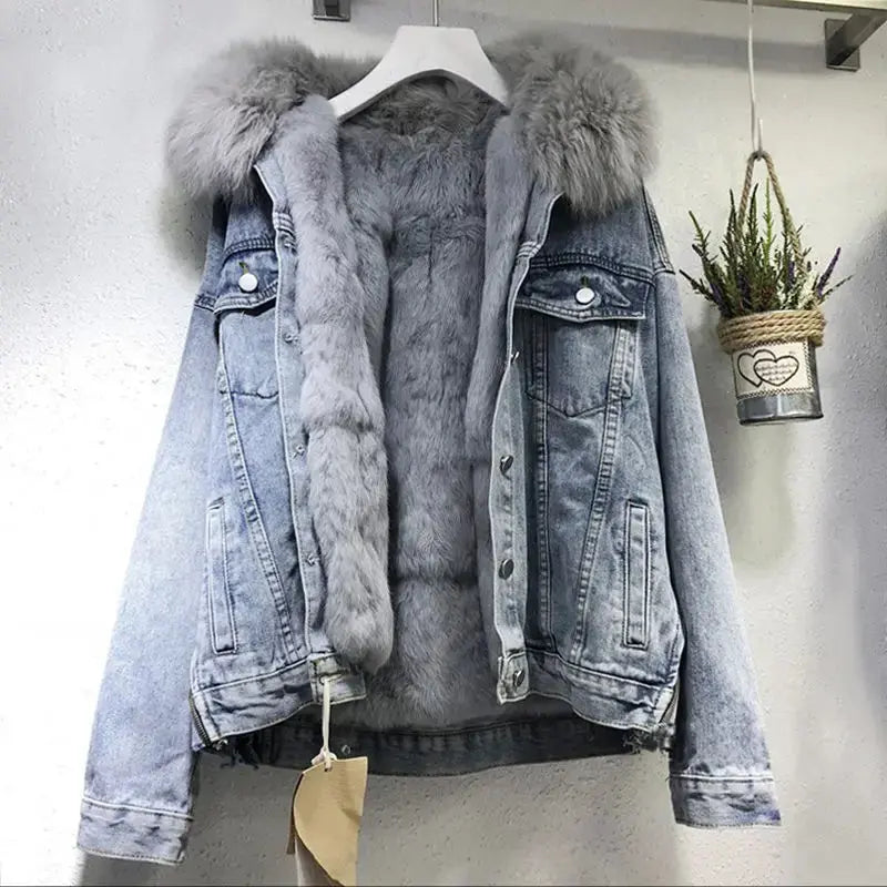 FZ Women's Oversized Loose Fur Collar Velvet Parkas Vintage Cotton Denim Jacket