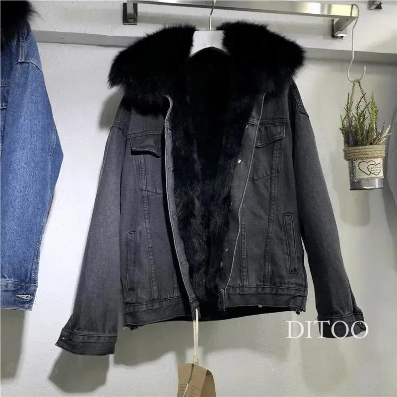 FZ Women's Oversized Loose Fur Collar Velvet Parkas Vintage Cotton Denim Jacket